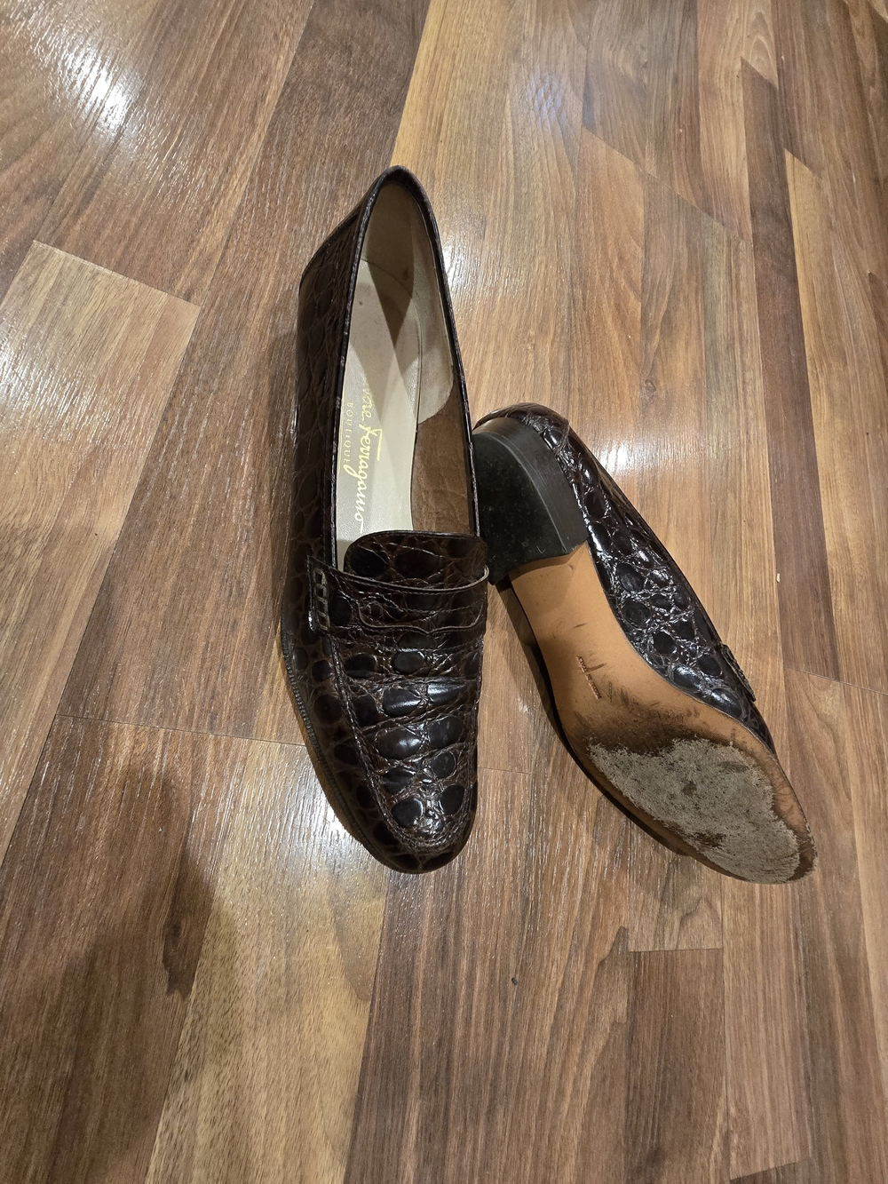 Vintage Salvatore Ferragamo Boutique Dark Brown Croc-Embossed Leather Flats